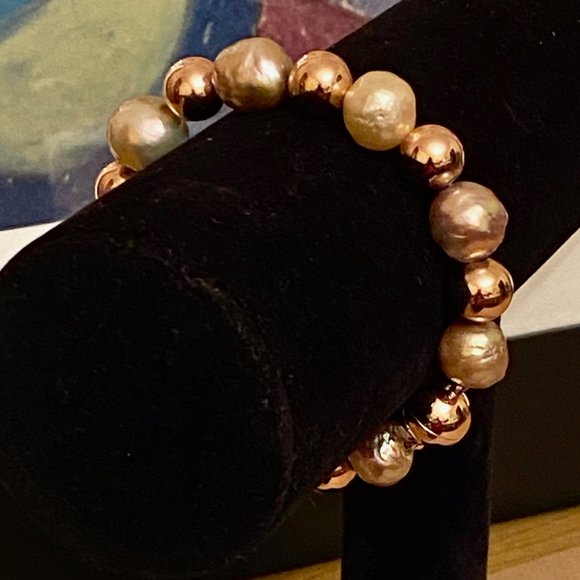 Radiant Honora Ming Pearl and Italian Rose Gold Bronze Bead Bracelet, 6.5" - Picture 4 of 13